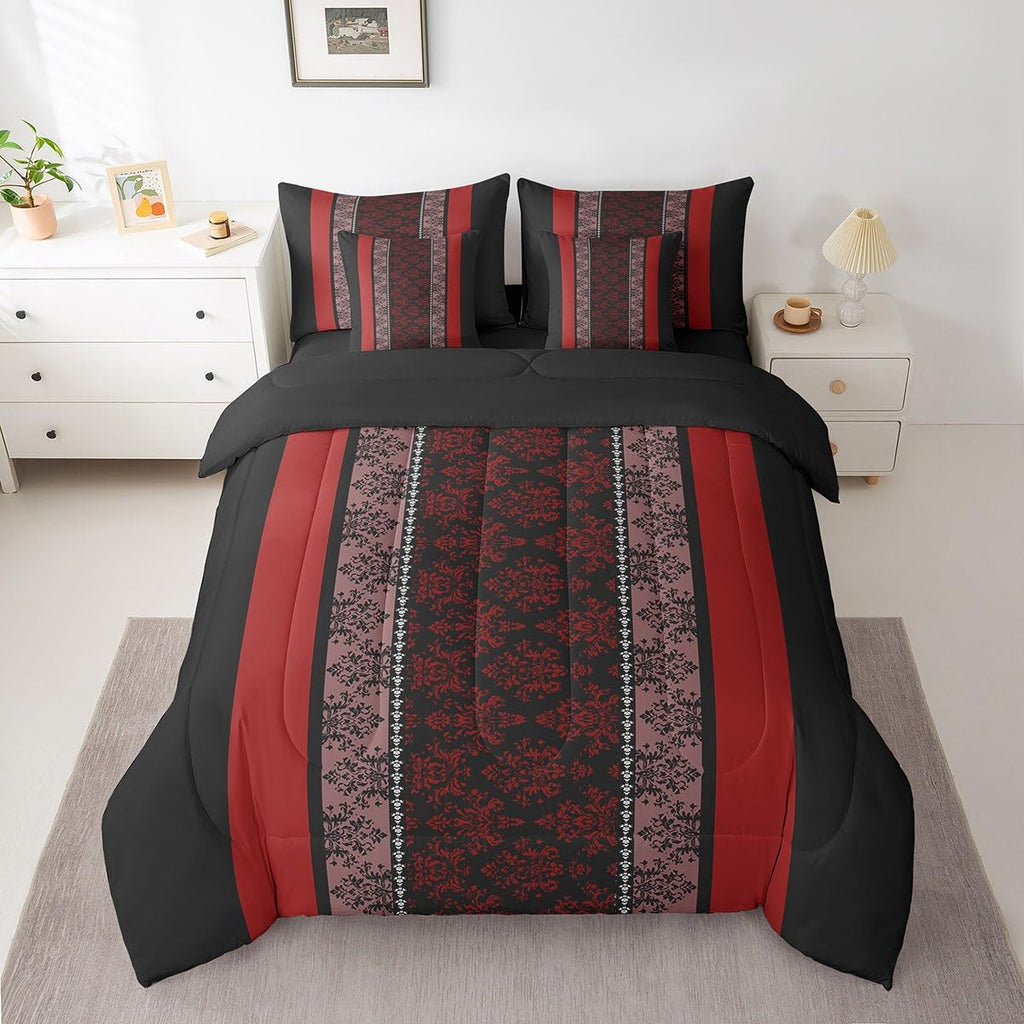 Adult Classic Jacquard 7 Piece Bedding Set Twin Size Damask Pattern Comforter Set with Sheets for Boys Girls Black
