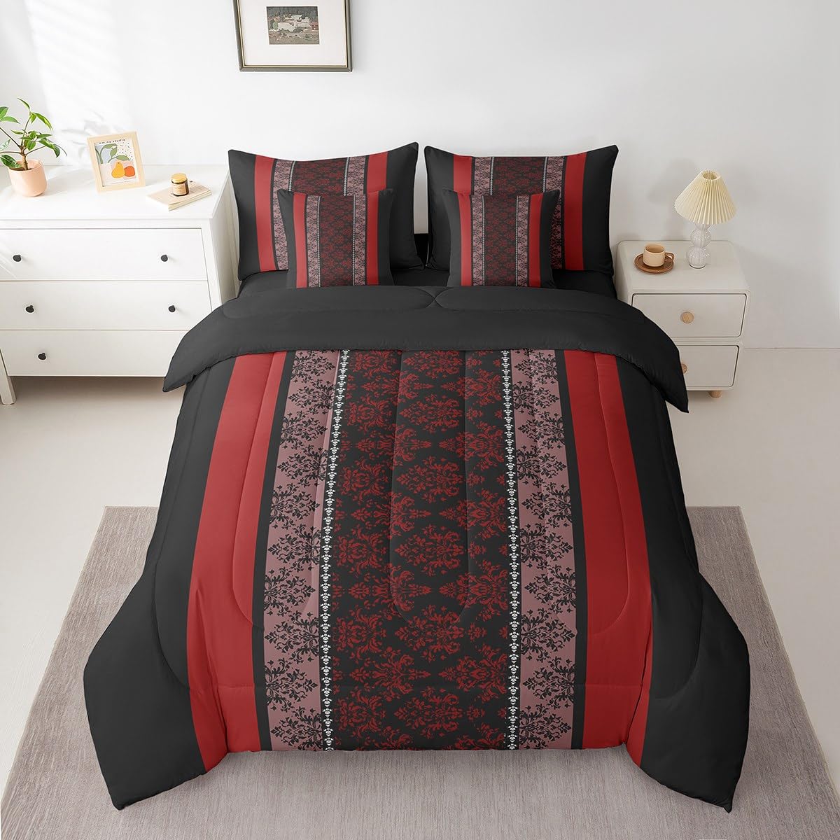 Adult Classic Jacquard 7 Piece Bedding Set Twin Size Damask Pattern Comforter Set with Sheets for Boys Girls Black