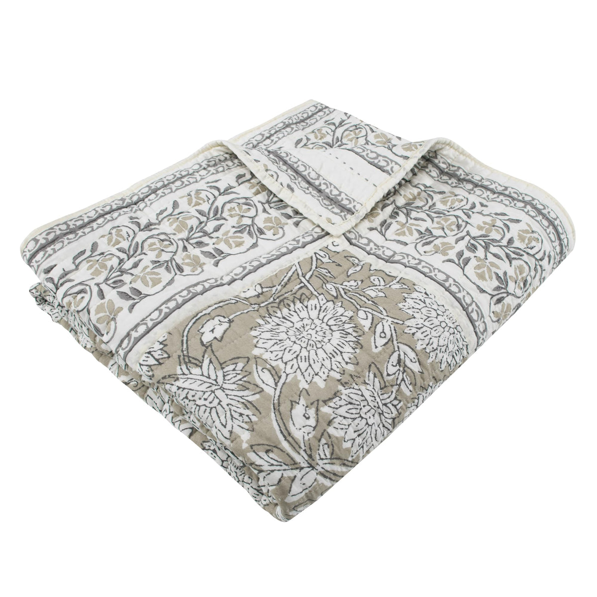Adare Taupe - Throw - Bordered Floral - Taupe, Grey and Cream -Quilted Throw (50x60in.) - Cotton