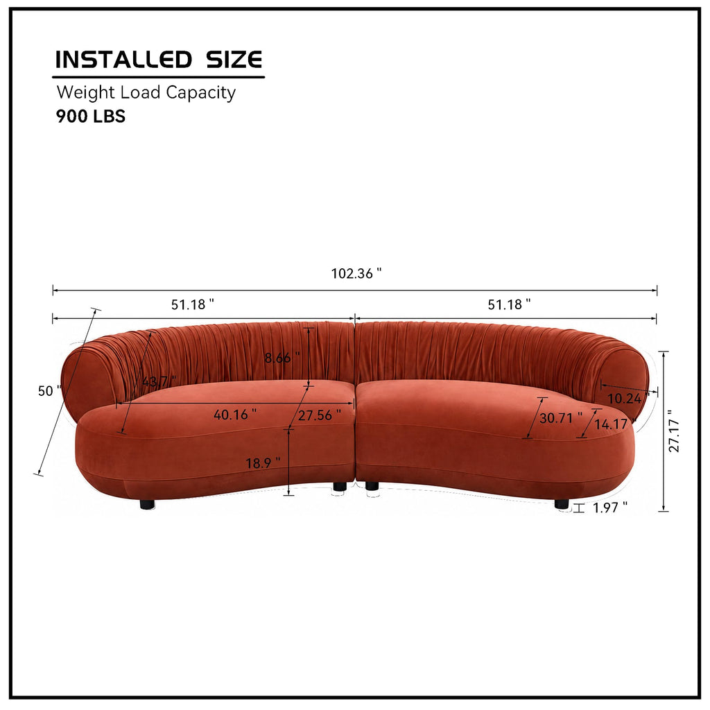 102.36" Curved Sectional, Orange Red Velvet 4-Seat Couch