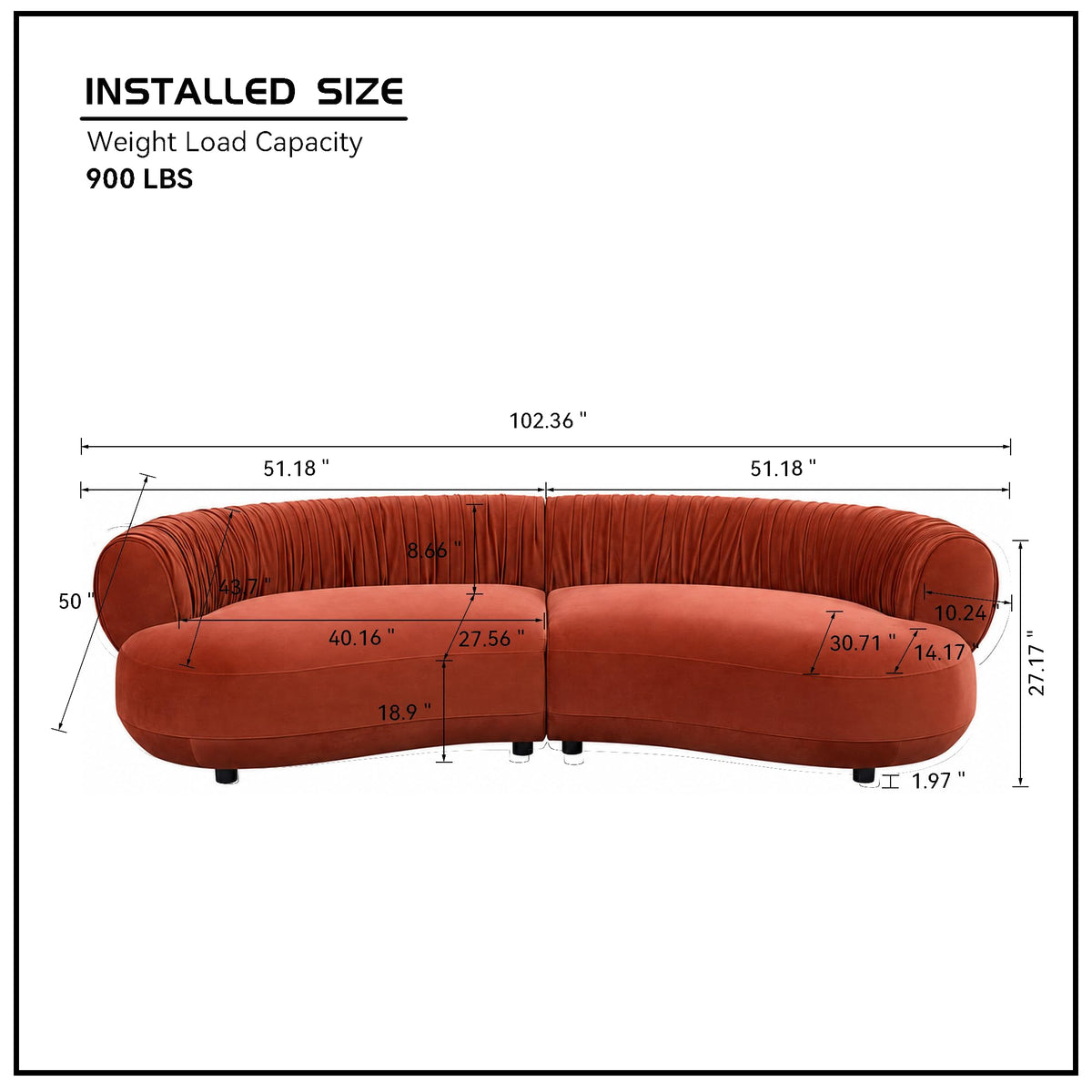 102.36" Curved Sectional, Orange Red Velvet 4-Seat Couch