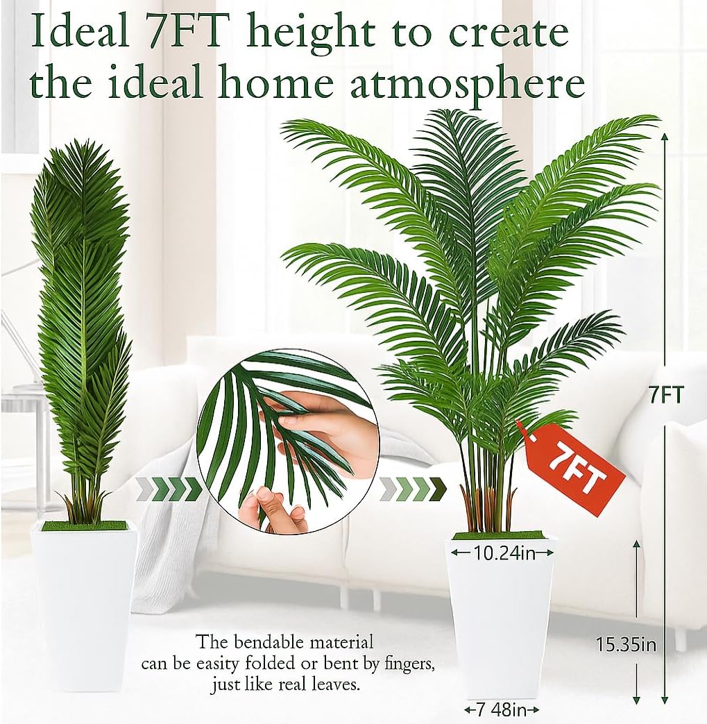 7FT Artificial Palm Tree, Tall Artificial Tree Plants with Fake Plants, Large Faux Plants Indoor with Lifelike Leaves