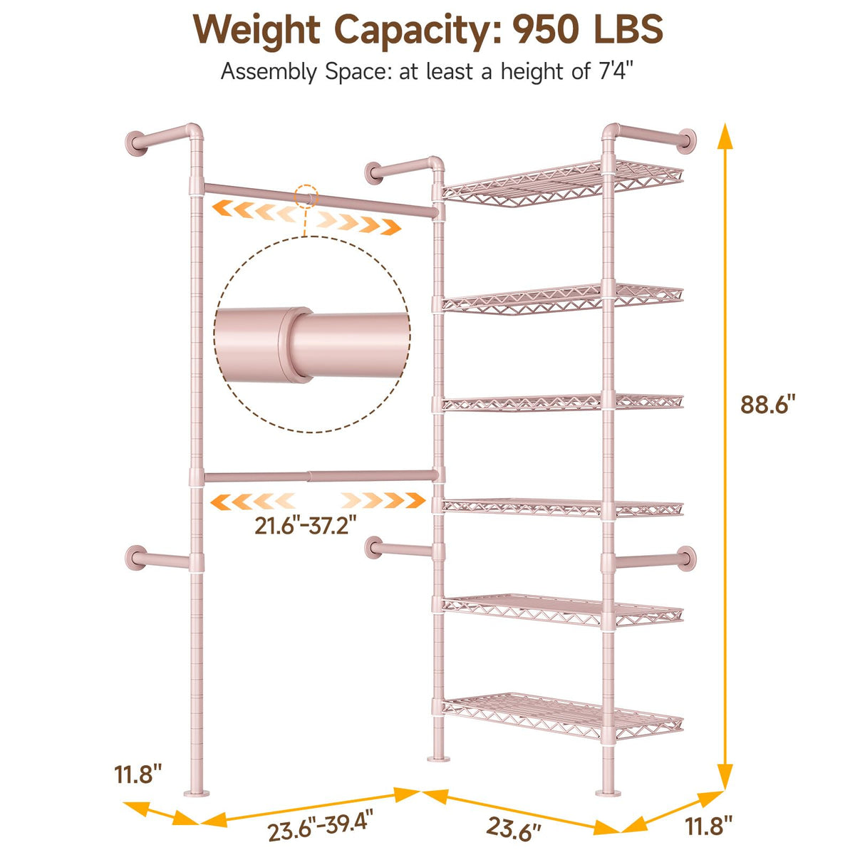 L2 Wall Mounted Closet System, Industrial Pipe Clothing Rack, Pink