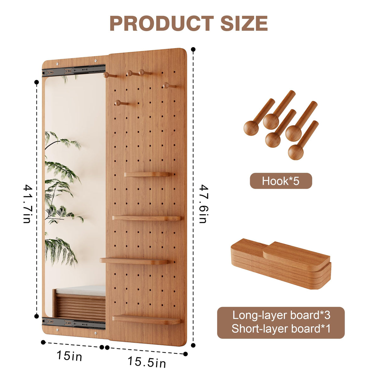 Wall Mounted Full Length Mirror with Storage Shelf and Hooks