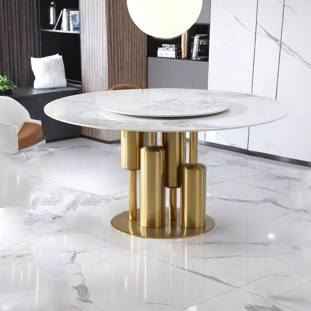 Marble Dining Table, 59" D Round Sintered Stone Tabletop with 31.5" D Removable Turntable, Luxurious Dining Room