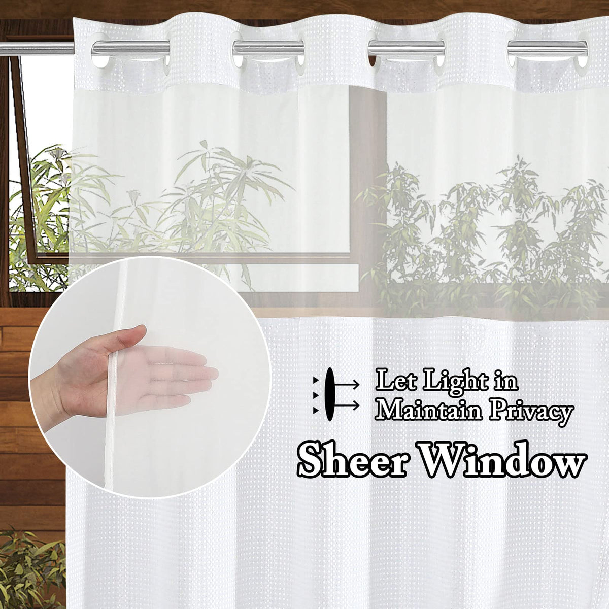No Hook Waffle Weave Shower Curtain with Snap-in Fabric Liner Set Style with Mesh Top Window, Waterproof & Washable