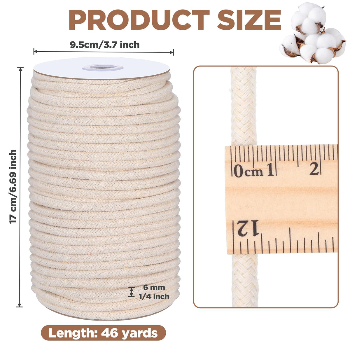 1/4" Cotton Piping Cord 6 mm Natural Cording for Sewing Piping for Pillows and Other Soft Welt Applications (46 Yds)