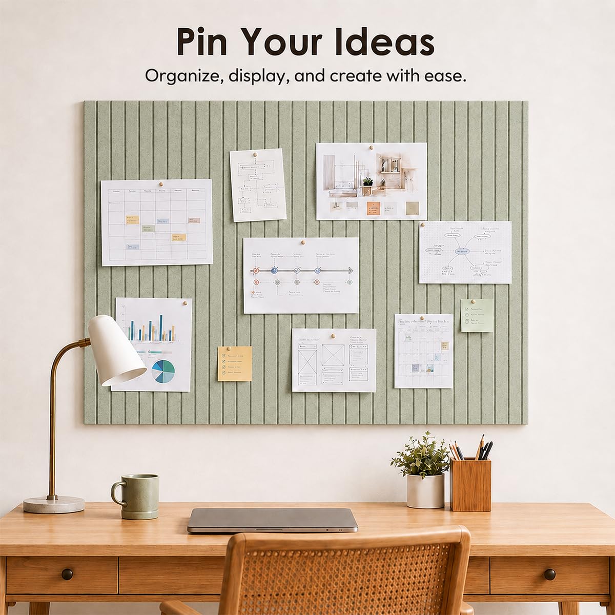 Ribbed Felt Bulletin Board Tiles, 12 Pack Sage Green Cork Board Alternative for Walls, Large Grooved Felt Wall Tiles