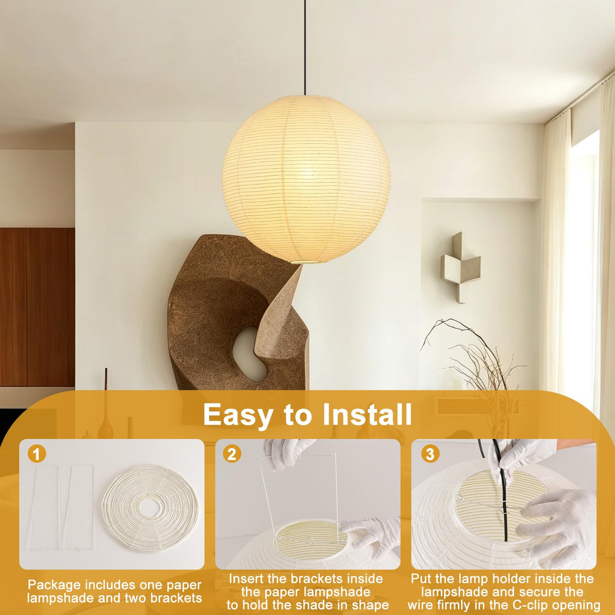 Inspired Noguchi Style Large Paper Lantern Lamp Shade, 23.6in White Round Lampshade Only