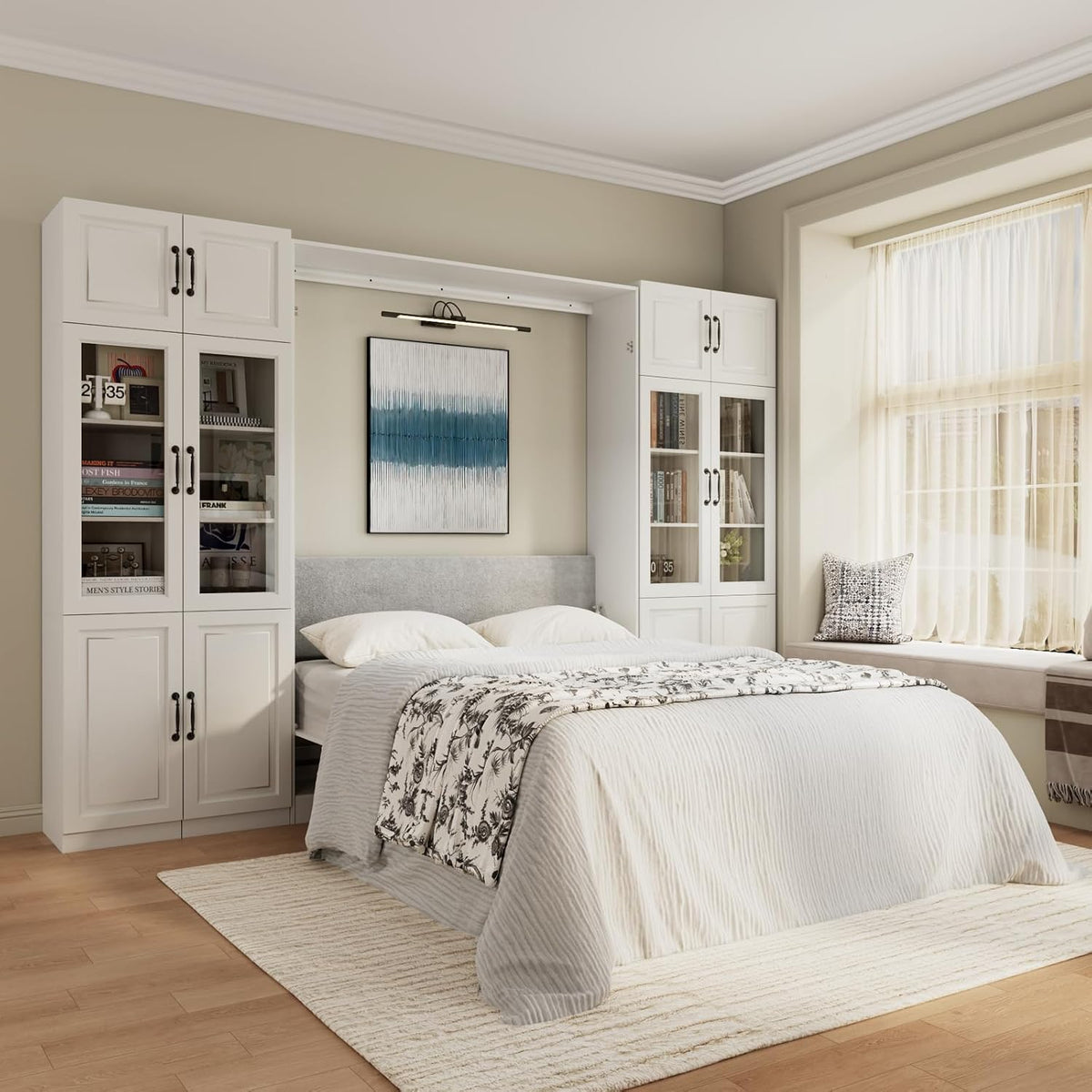 Farmhouse Murphy Bed Queen, 85" Wall Bed Folds to Save Space, Concealed Bed Frame with 2 Glass Storage Cabinets and Wall Mounted Features for Apartment/Office/Guest Room