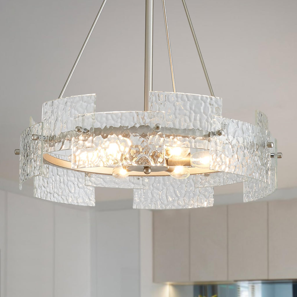 Modern Farmhouse Chandelier 6-Light Silver Glass Drum Chandeliers 19.7" Height Adjustable Water Ripple Rustic Pendant