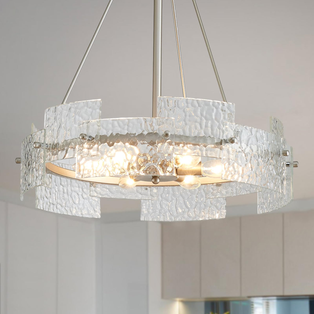 Modern Farmhouse Chandelier 6-Light Silver Glass Drum Chandeliers 19.7" Height Adjustable Water Ripple Rustic Pendant
