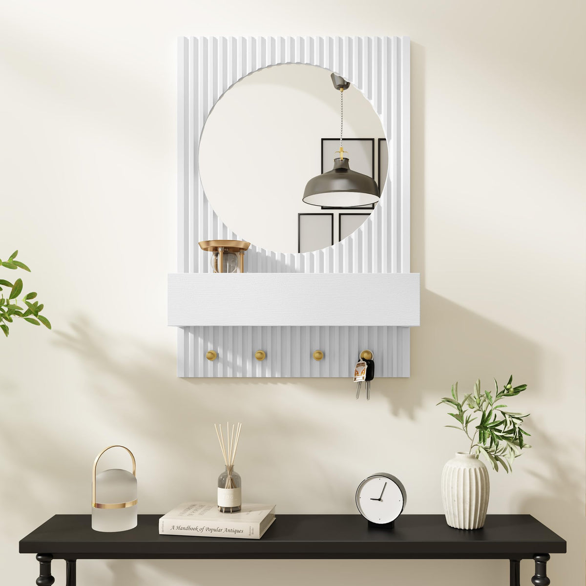 Wood Wall Mirror with Shelf&Hooks, 24"x16" White Wall-Mounted Mirrors with Streamlined Texture Hanging Decorative