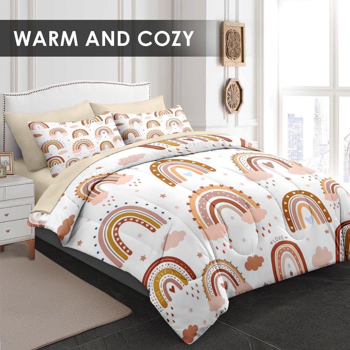 Twin Comforter Set with Sheets, 5 Pieces Boho Rainbow Bedding
