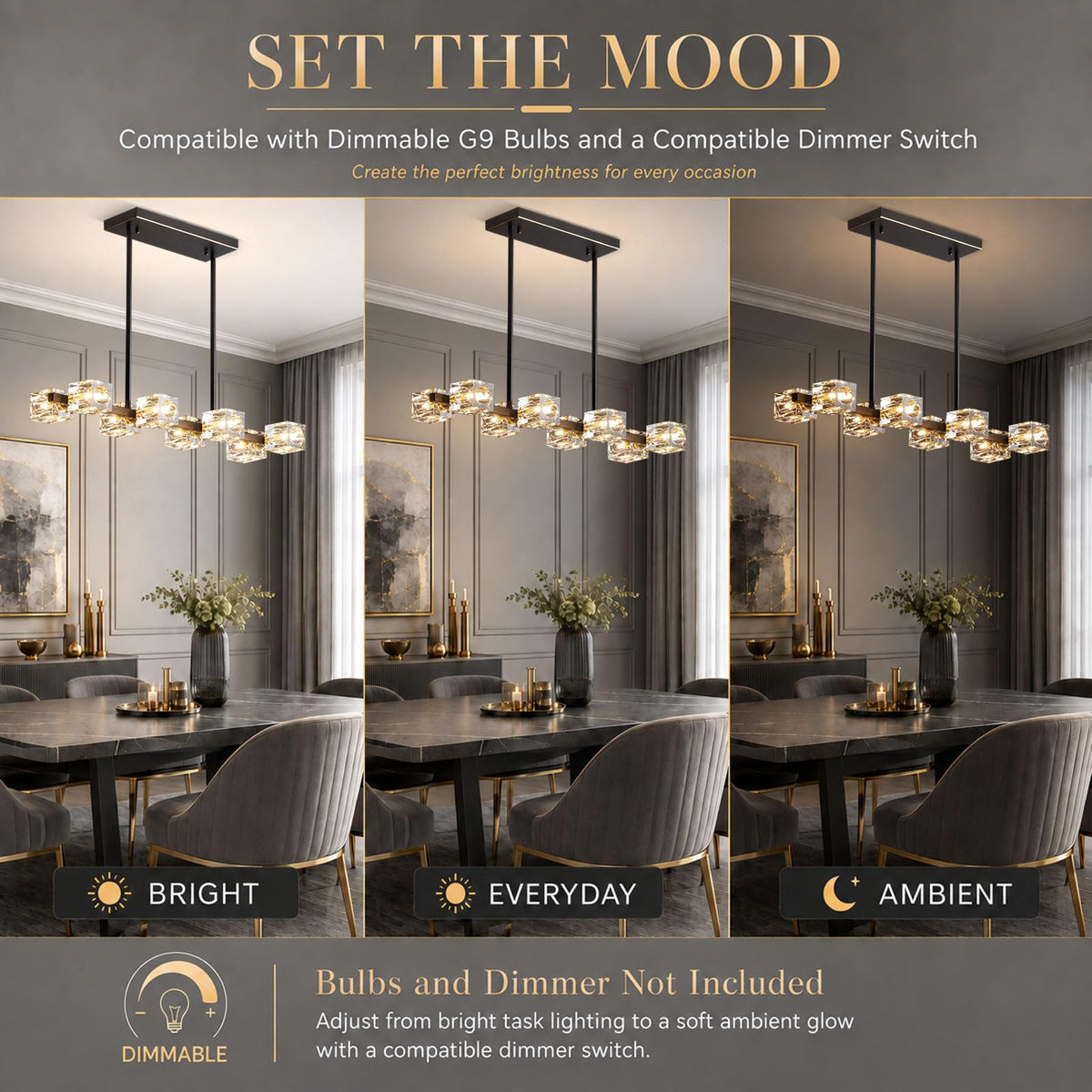 Crystal Chandeliers,8 Light Black and Gold Linear Dining Room Light Fixture Adjustable Height Hanging Ceiling Light