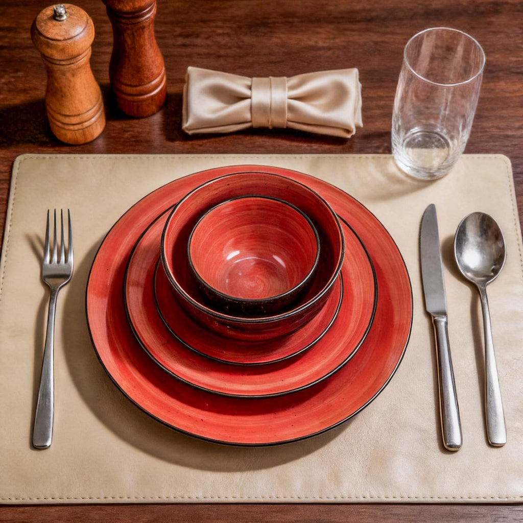 Stoneware Sonoma Dinnerware Set, Black + Speckled Spin Wash (56pc Set, Red)