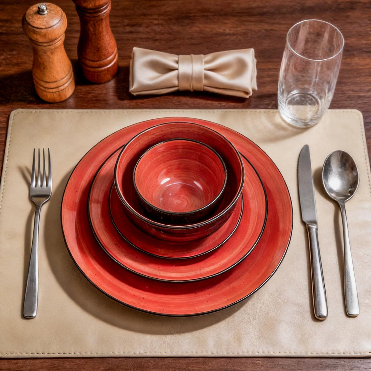 Stoneware Sonoma Dinnerware Set, Black + Speckled Spin Wash (56pc Set, Red)