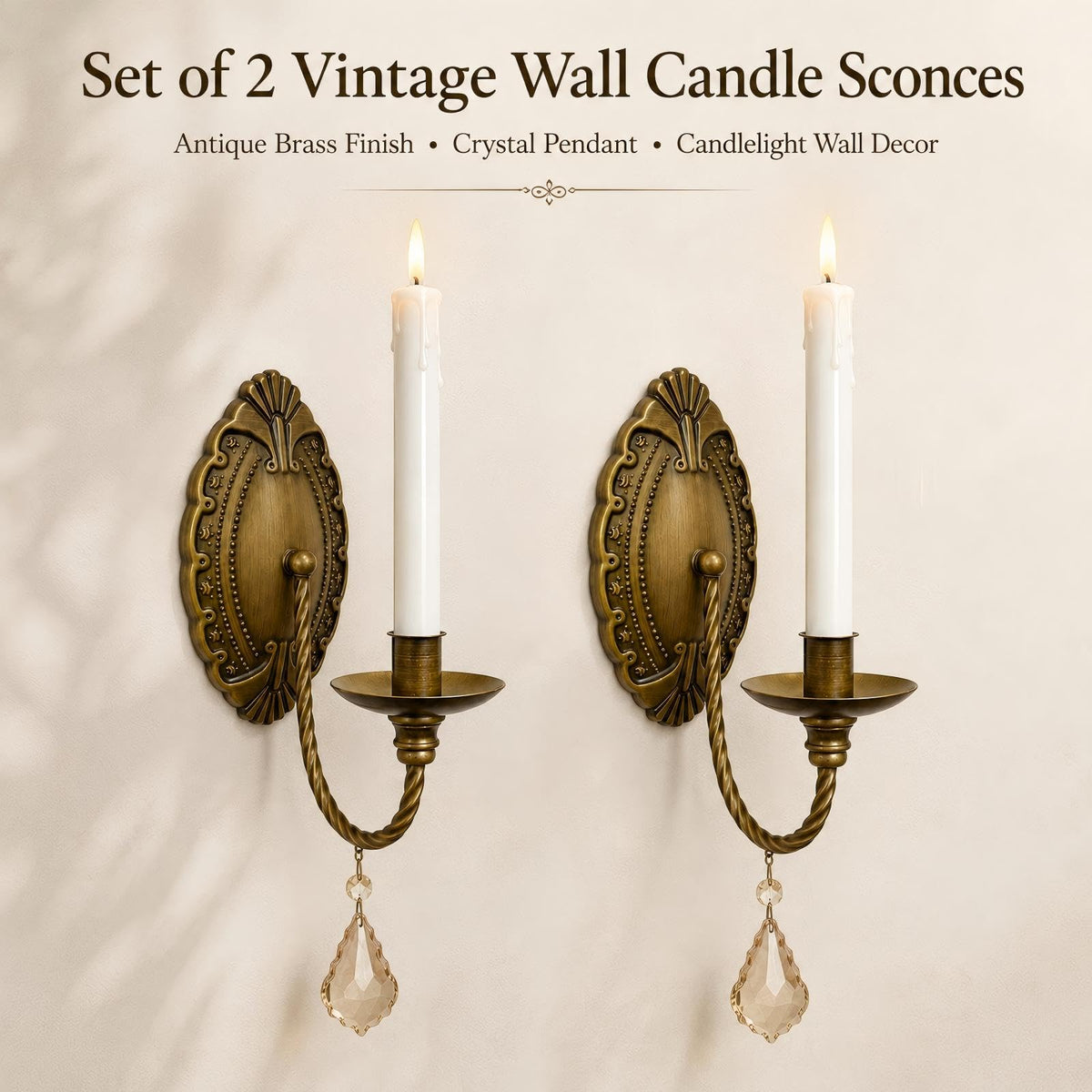 Vintage Wall Candle Sconces Set of 2, Antique Brass Victorian Wall Sconces