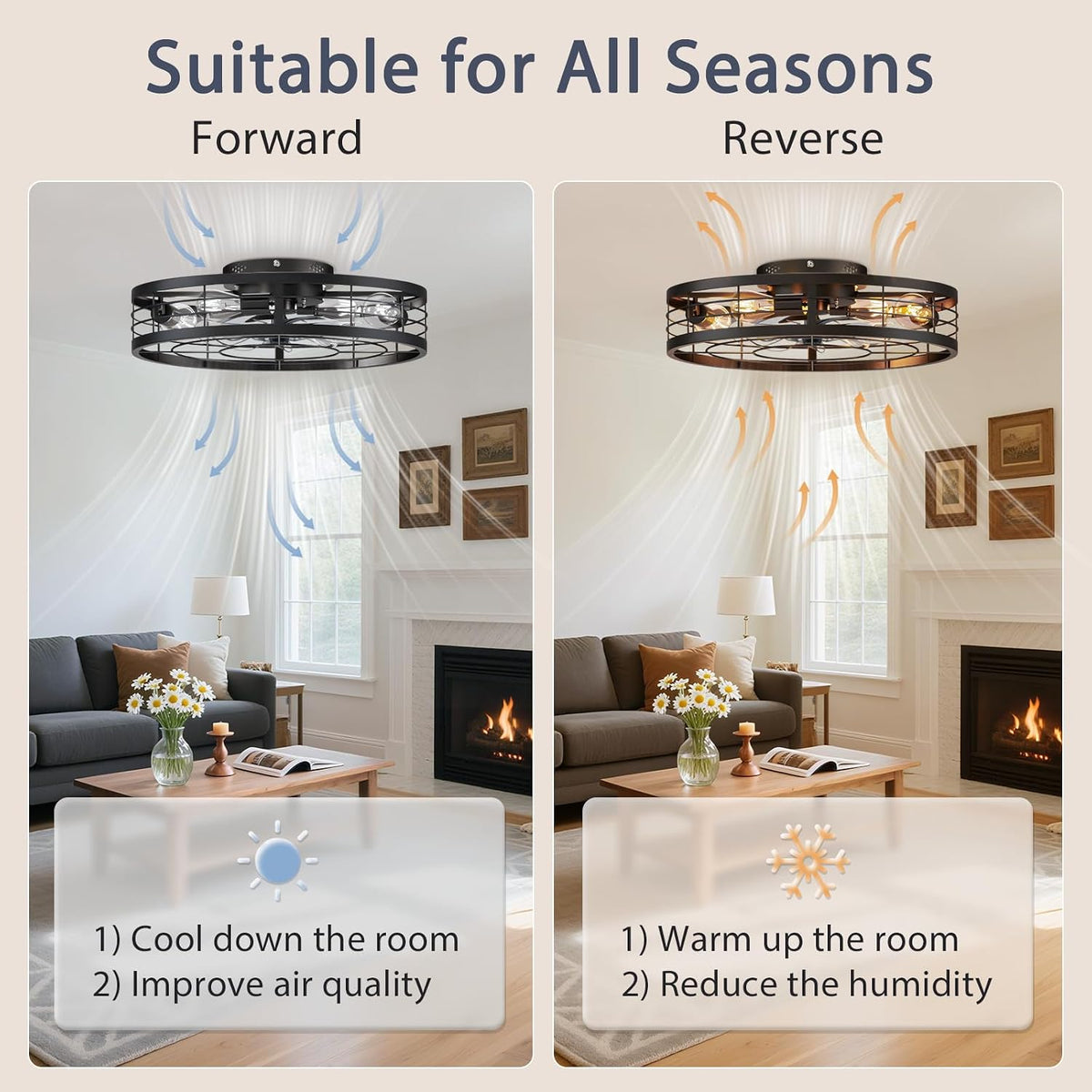 23.6" Flush Mount Caged Chandelier Ceiling Fan with Light & Remote