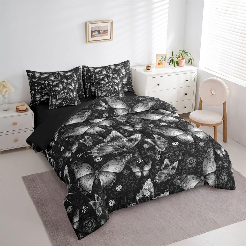 Girls Women Damask Baroque Grey Butterfly 7 Piece Bedding Set Twin | Paisley Victorian Comforter Set with Sheets
