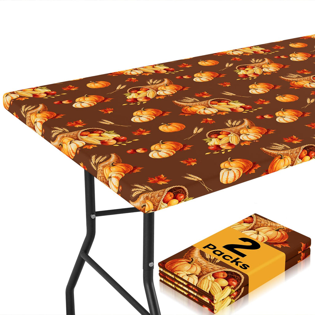 2 Pack Fall Rectangle Table Cloth 6 Foot, Waterproof Elastic Fitted Tablecloths, Windproof Washable Polyester Table