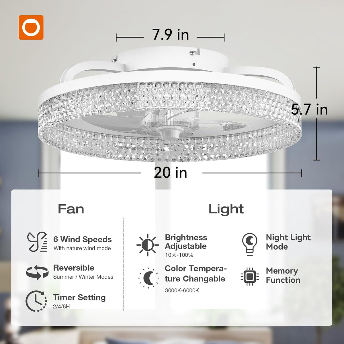 20" White Flush Mount Ceiling Fan with Light & Remote