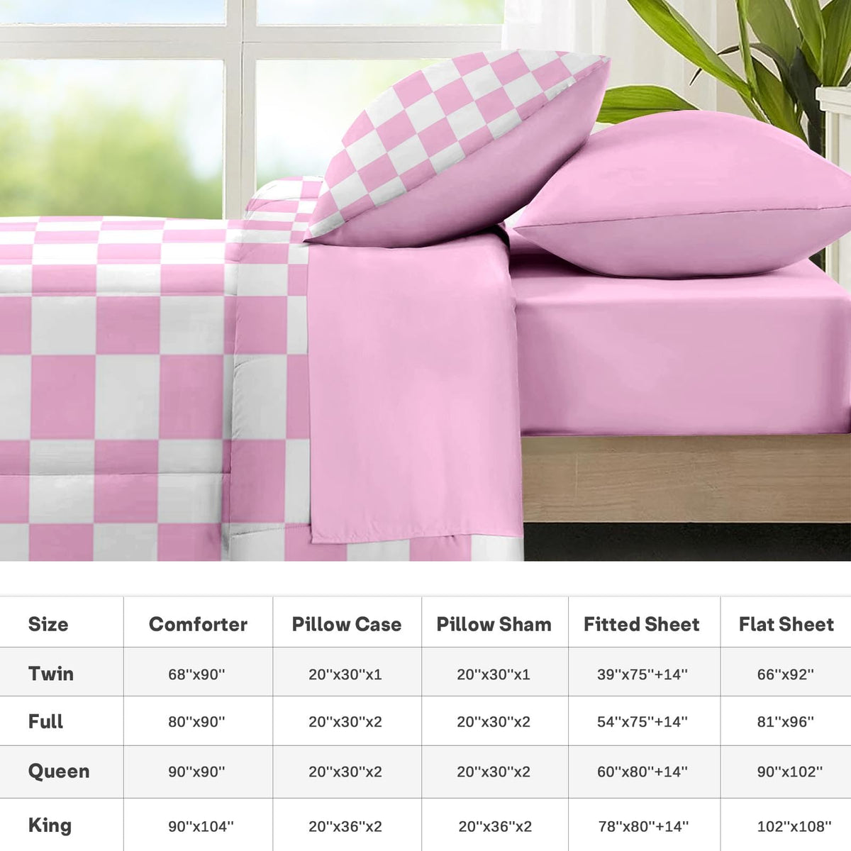 Comforter Set with Sheets, 7 Pieces Pink Plaid Bedding