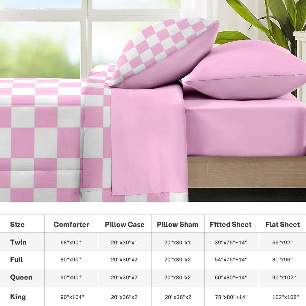 Comforter Set with Sheets, 7 Pieces Pink Plaid Bedding