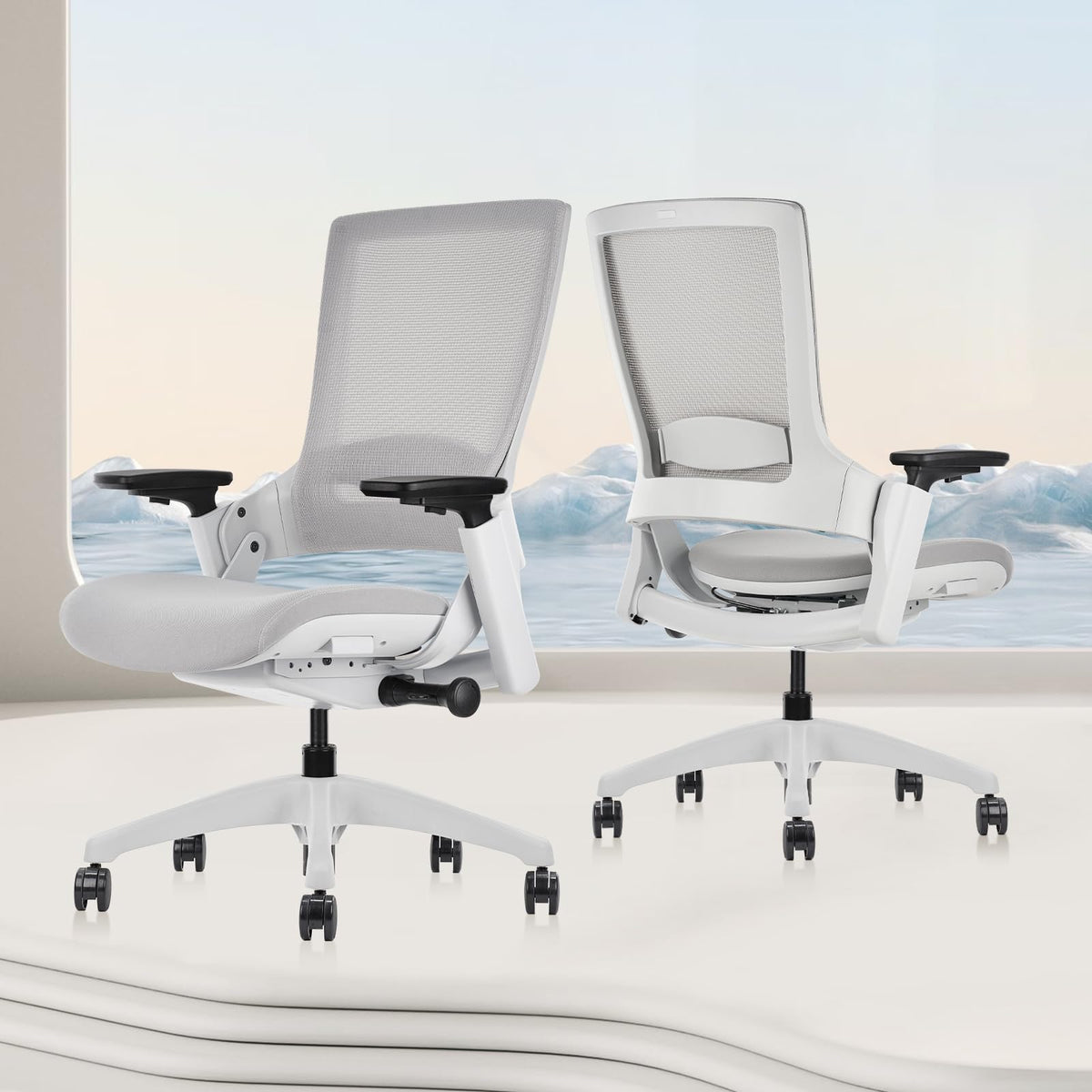Ergonomic Office Chair — Light Grey Mesh, Flex Back, Adjustable Seat Depth