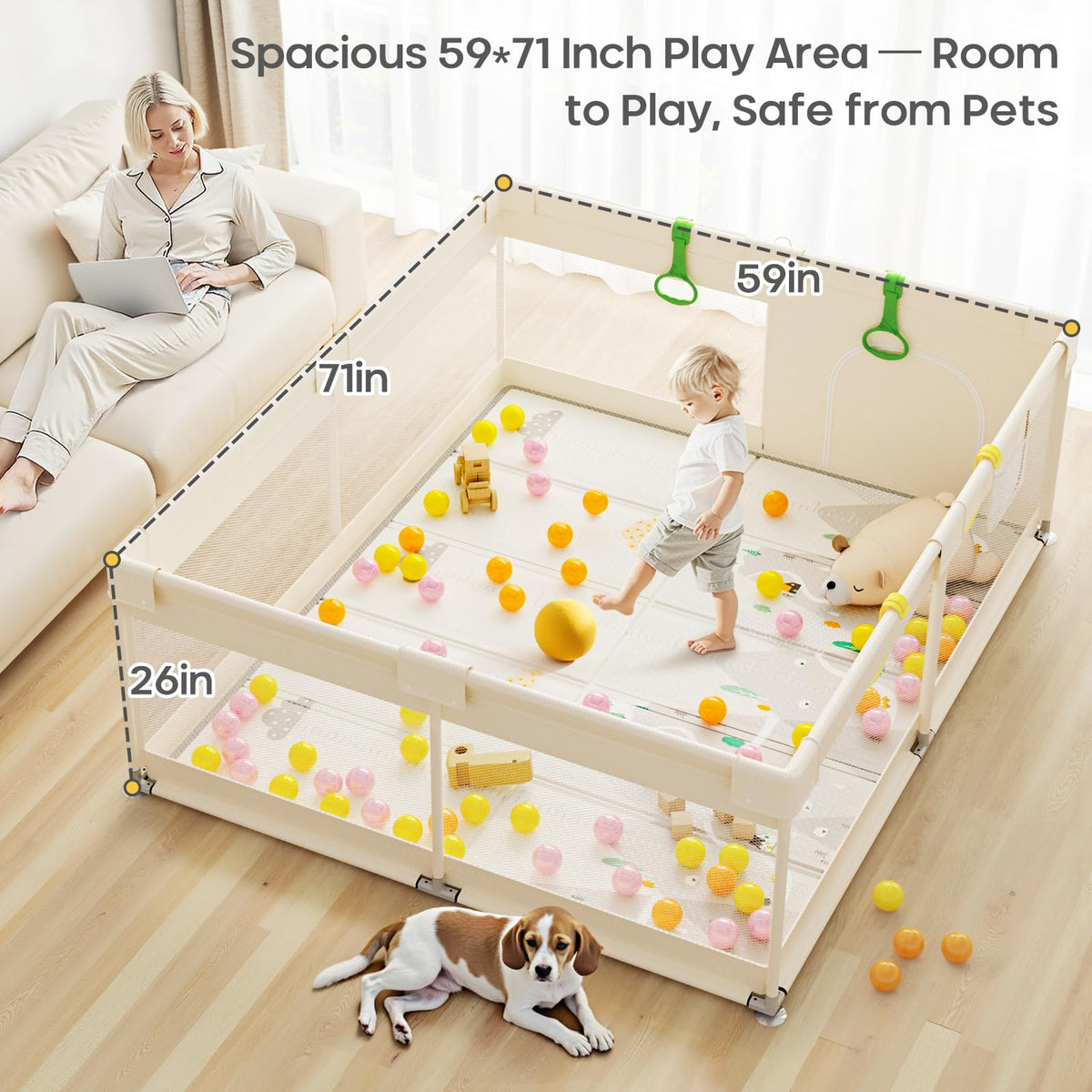 Baby Playpen with Mat, 71×59 in Beige Indoor Play Yard