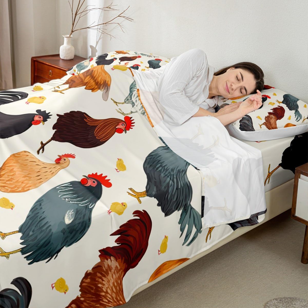 Farmhouse Style Bed Sheet Set 4 Piece, Cute Chickens Livestock Sheets Bed Set, Rustic Animal Theme Bedding