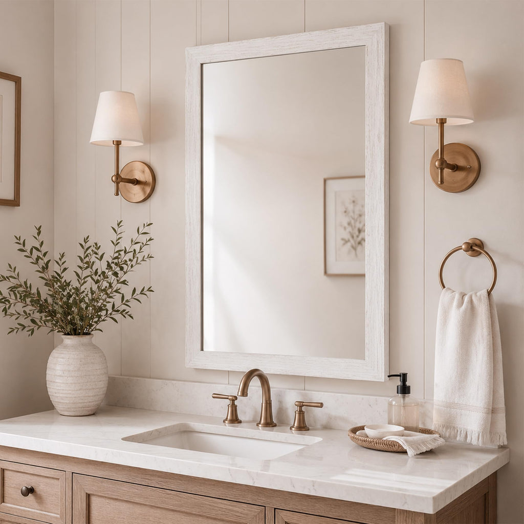 24"x36" Farmhouse Wall Mirror for Mantle & Bathroom, Distressed White Wood Texture, Coastal Rustic Vanity Mirror for