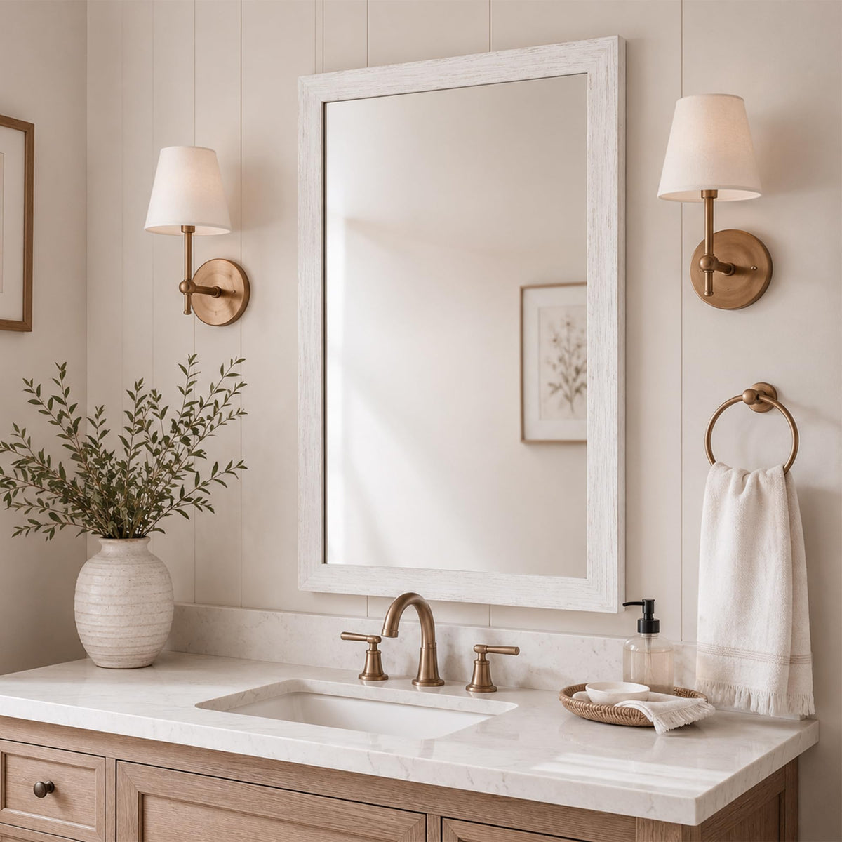 24"x36" Farmhouse Wall Mirror for Mantle & Bathroom, Distressed White Wood Texture, Coastal Rustic Vanity Mirror for