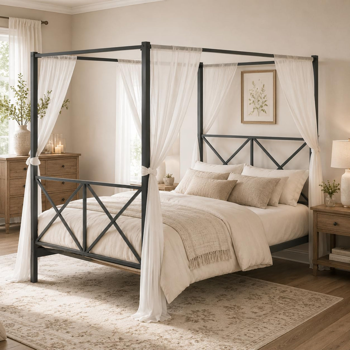 Canopy Bed Frame with Headboard & Footboard, Black Vintage Metal Canopy Platform Bed 14 Inch Platform, No