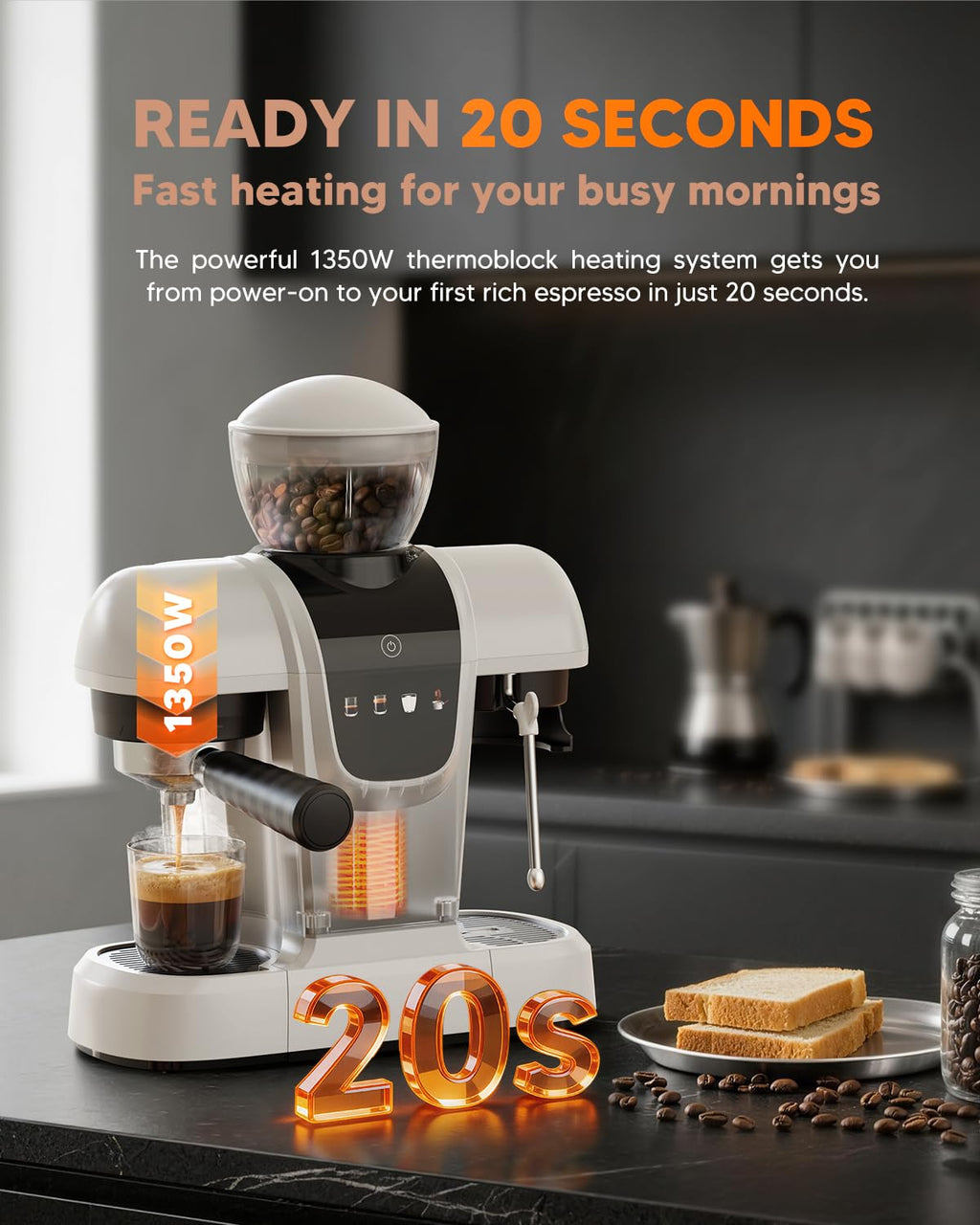 Semi-Automatic Espresso Machine with Grinder & Steam Wand,White