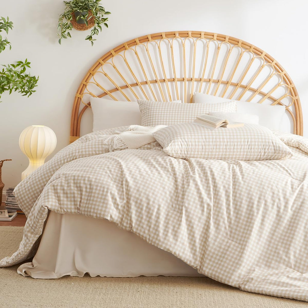 Gingham Comforter Set Beige Bedding Set and 2 Pillowcases