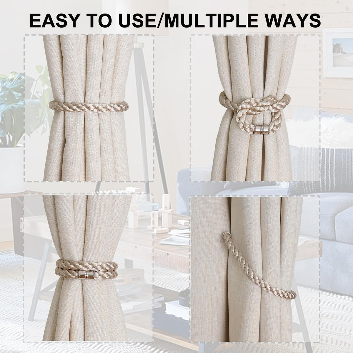 Magnetic Curtain Tiebacks, 6pcs Modern Handmade Rope Curtain Tie Backs Decorative Curtain Holdbacks Holders Cord