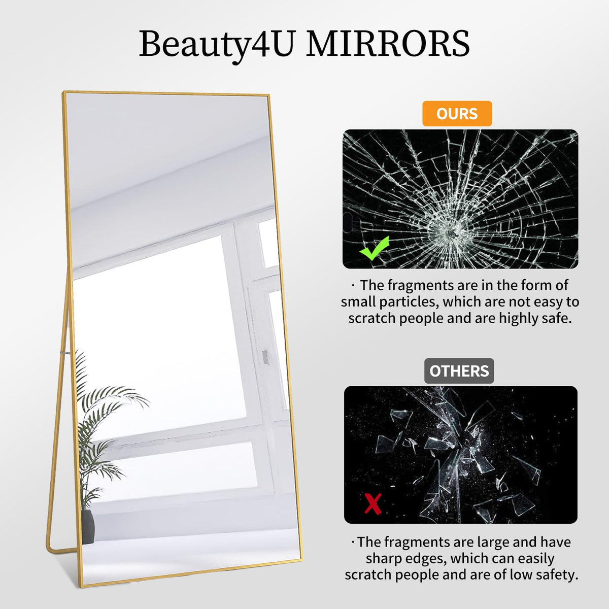 71" x 32" Full Length Mirror with Stand, Gold Large Floor Mirror