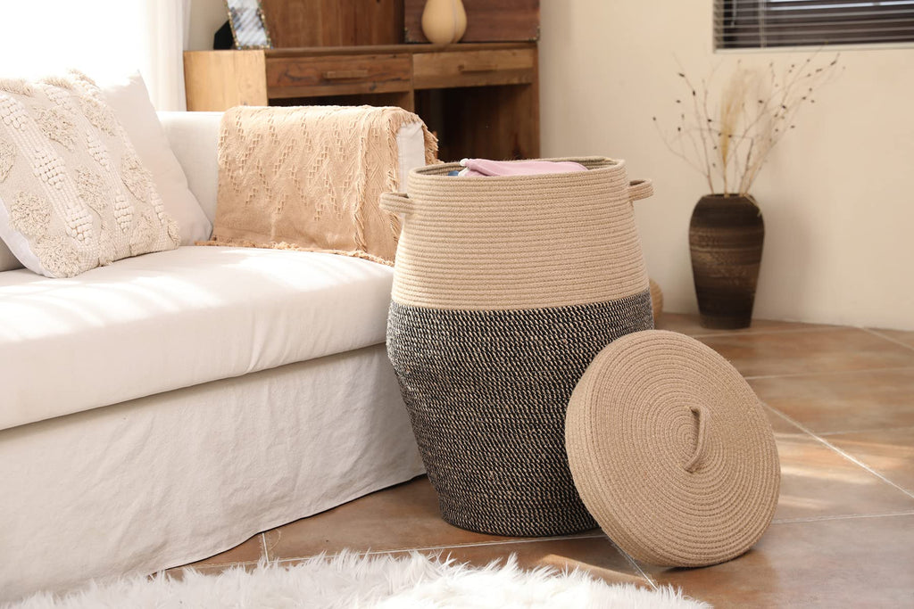 26"x20" Extra Large Tall Woven Laundry Basket with Lid, Cotton Rope Blanket Storage Basket, Freestanding Decorative