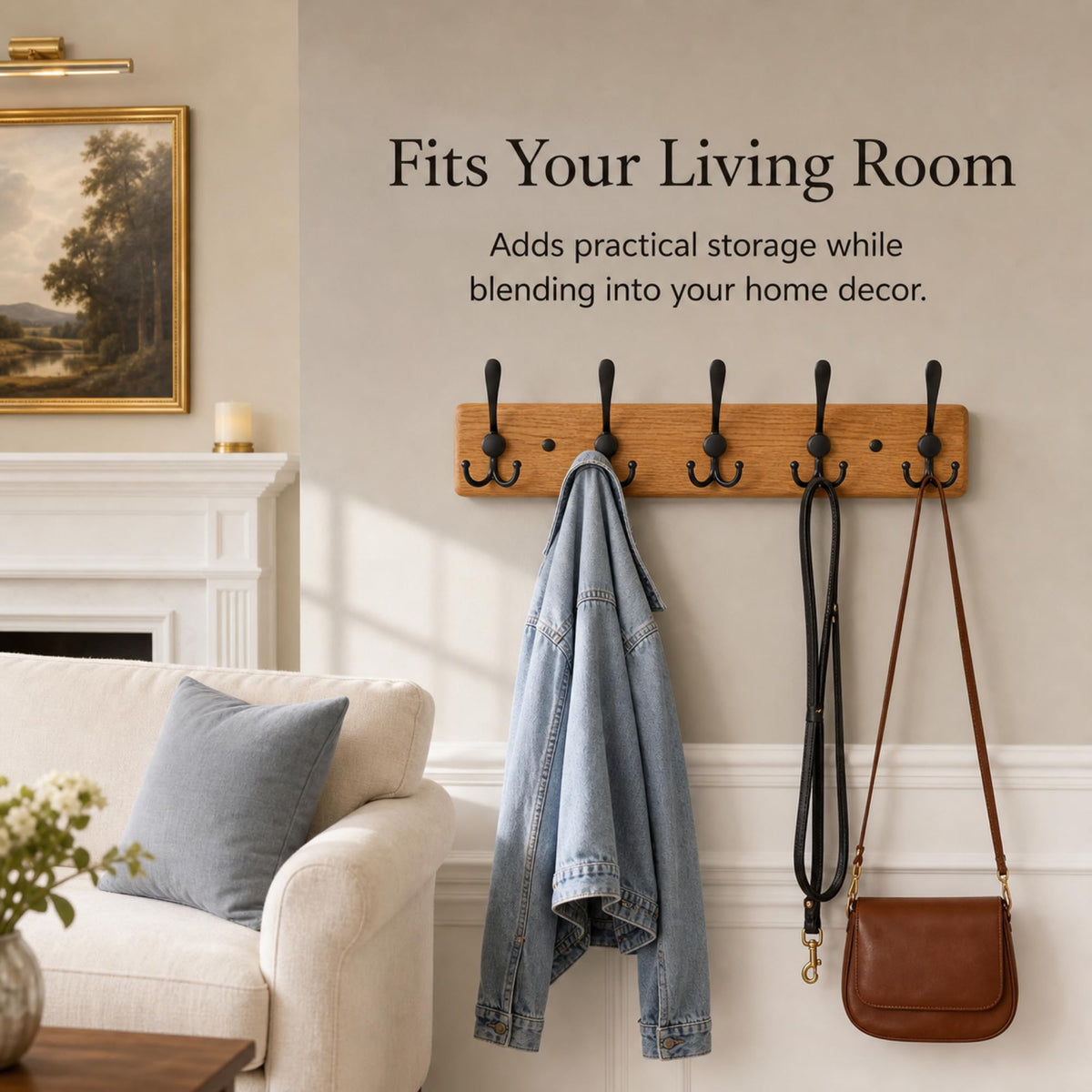 Solid Oak Rustic Coat Rack Wall Mount with 5 Hooks, 17 Inch