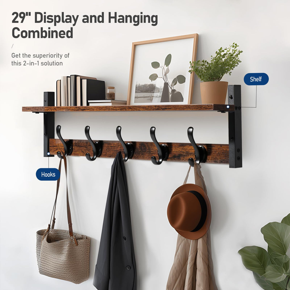 29" Rustic Coat Rack Wall Mount with Shelf, Entryway Wall Hooks with Shelf, Coat Hangers, Rustic Black