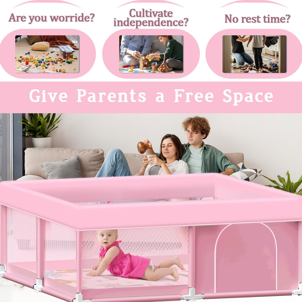Pink Baby Playpen with Mat, 50x50 Inch Playpen with Mat Waterproof for Babies and Toddlers Play Pen for Girls Pink