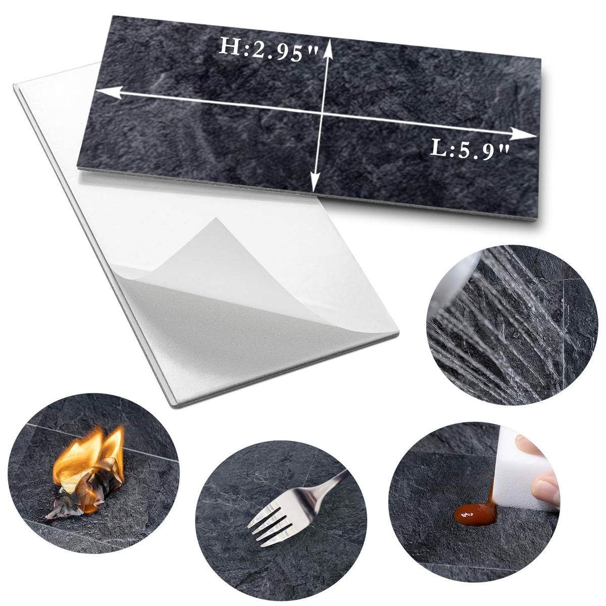 100 Piece Black Slate Peel and Stick Backsplash Wall Tiles, 3" x 6" PVC Faux Stone Stick on Tiles for Backsplash