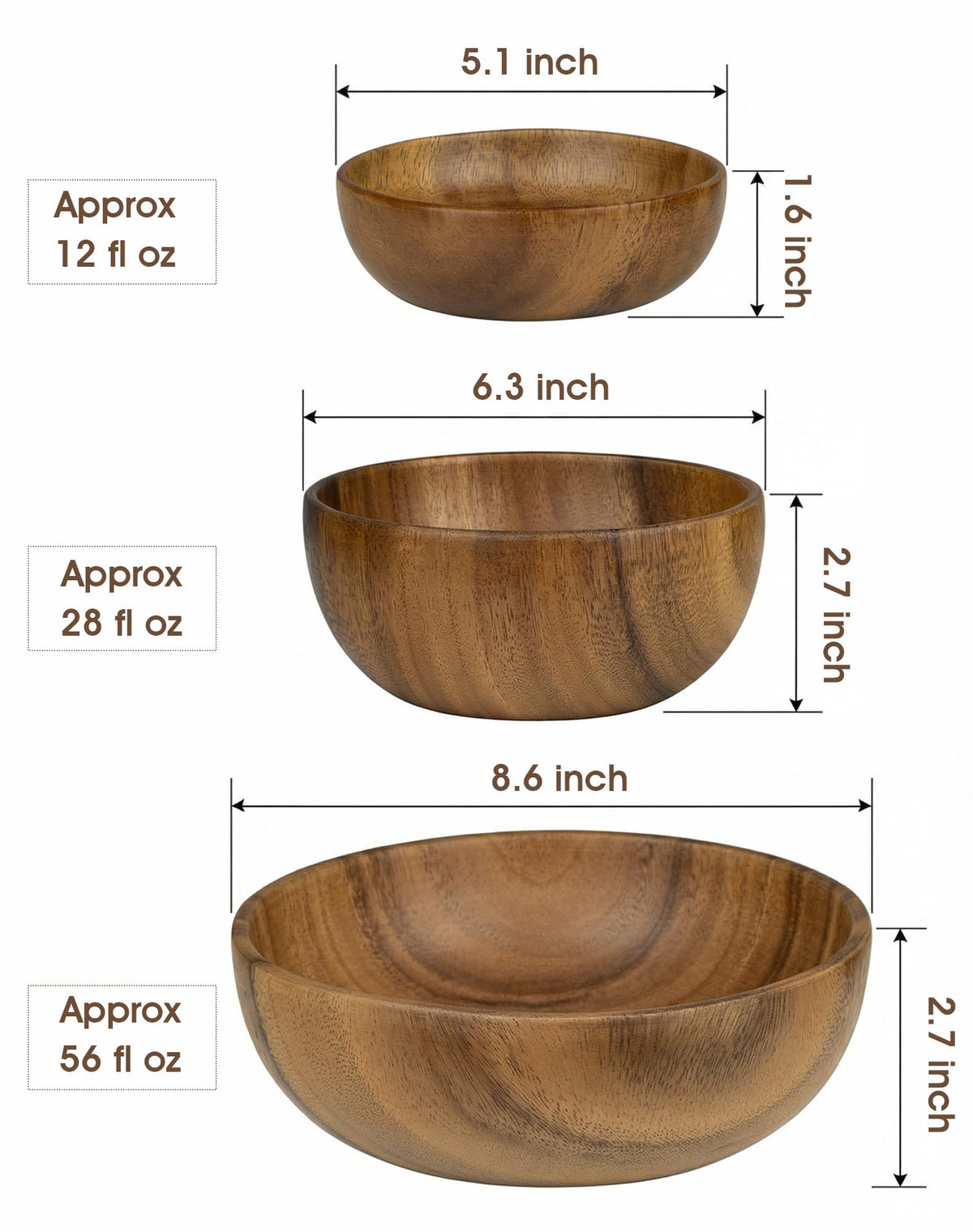 Wooden Salad Bowls Set of 3, Acacia, 5.1, 6.3 & 8.6 Inch
