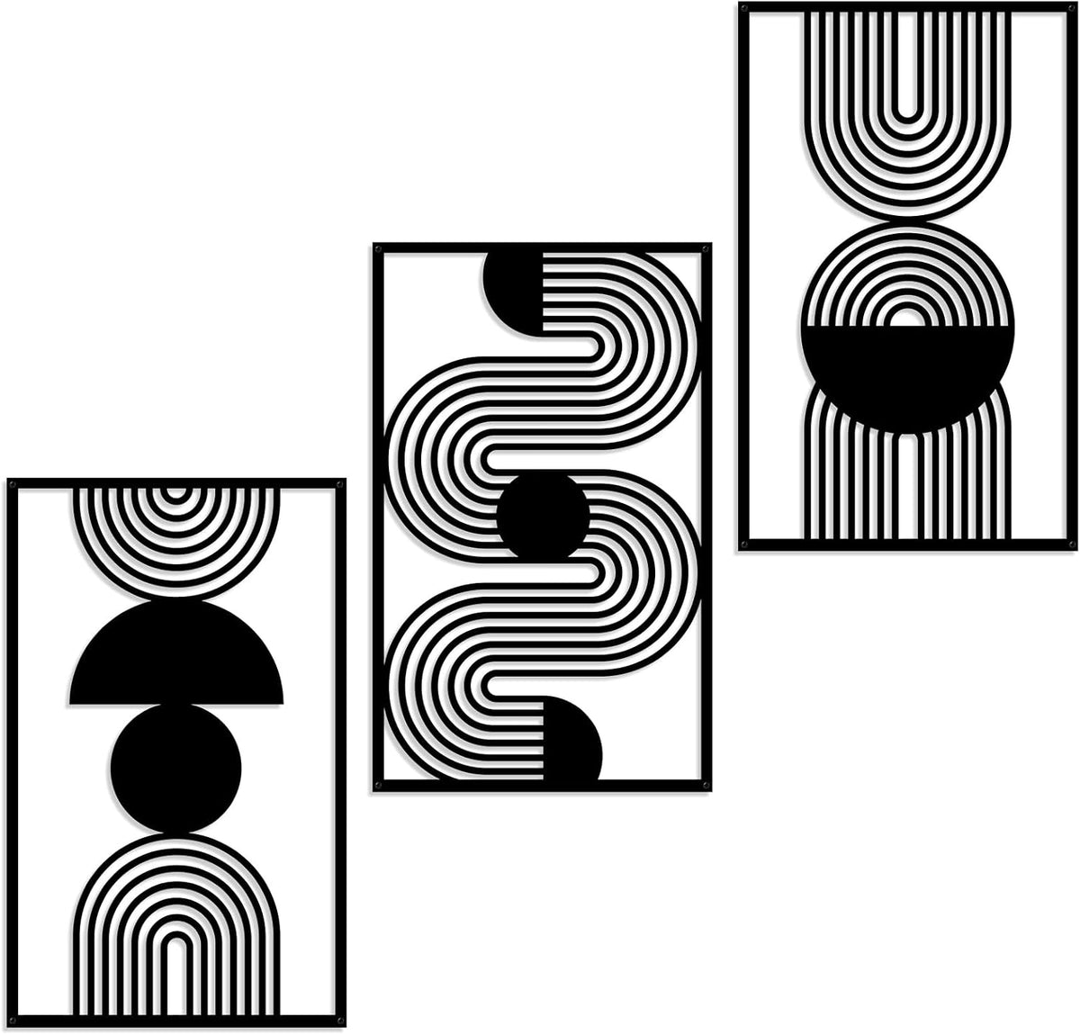 Abstract Metal Wall Art Black Bathroom Wall Decor Mid Century Modern Wall Art Bedroom Bathroom (17x9.8in) - Set of 3