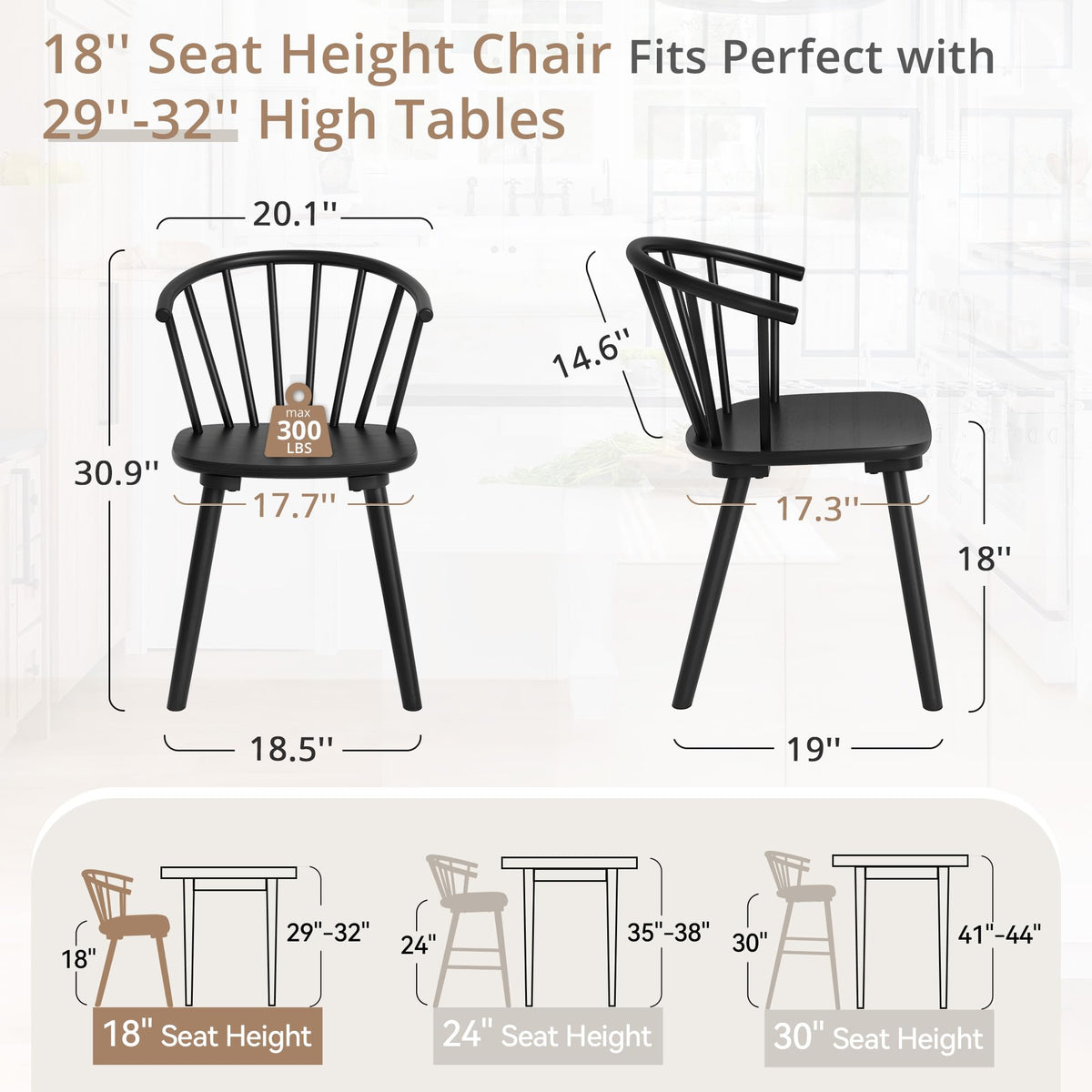 Black Dining Chairs Set of 4, Farmhouse Wood Dining Chairs with Semicircular Backrest, Spindle Dining Chair, 18 Inch