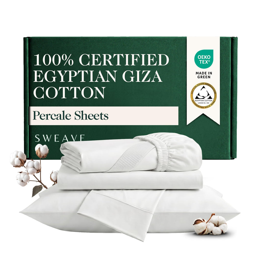 100% Certified Giza Egyptian Cotton Percale Sheets, Full, 4Pcs, White