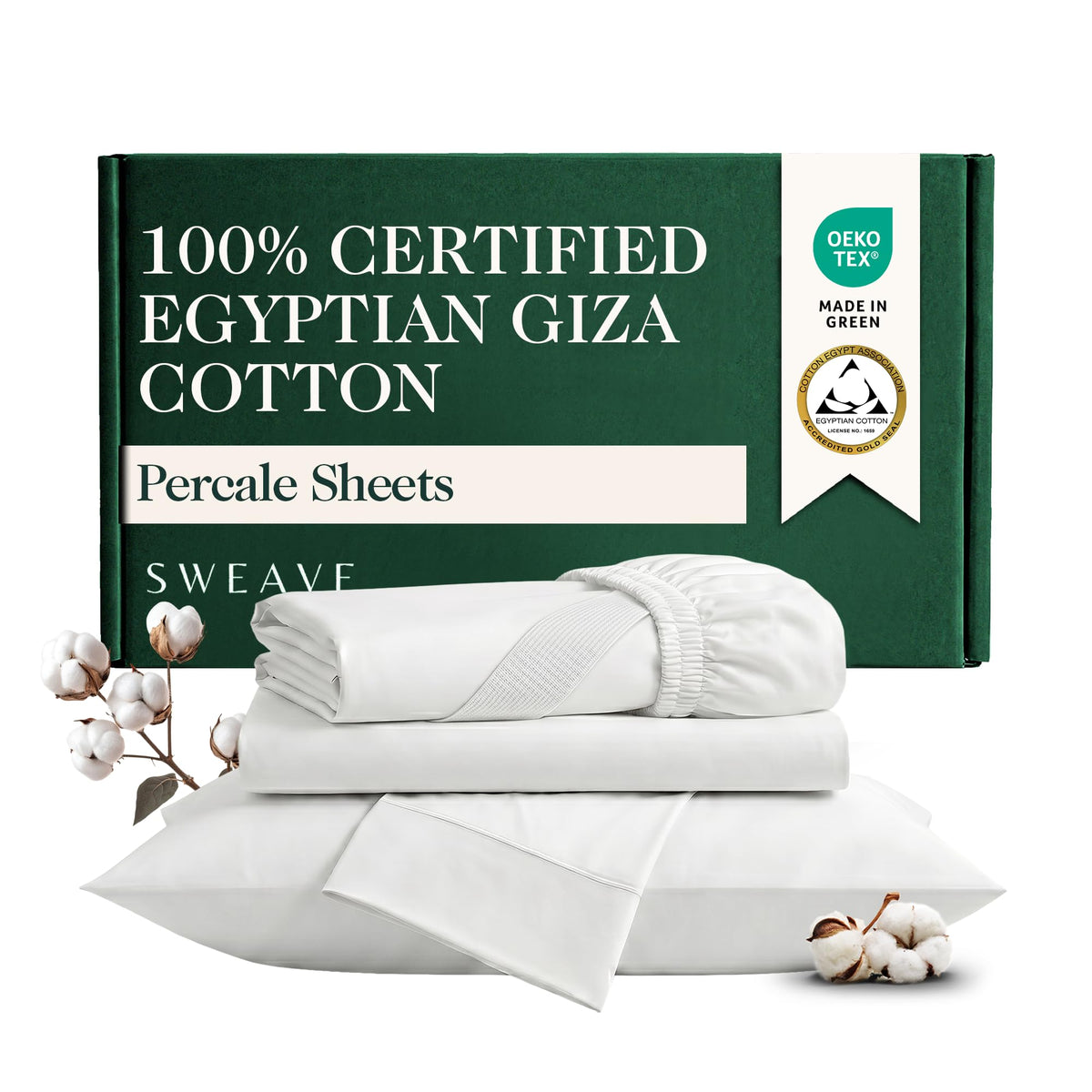 100% Certified Giza Egyptian Cotton Percale Sheets, Full, 4Pcs, White