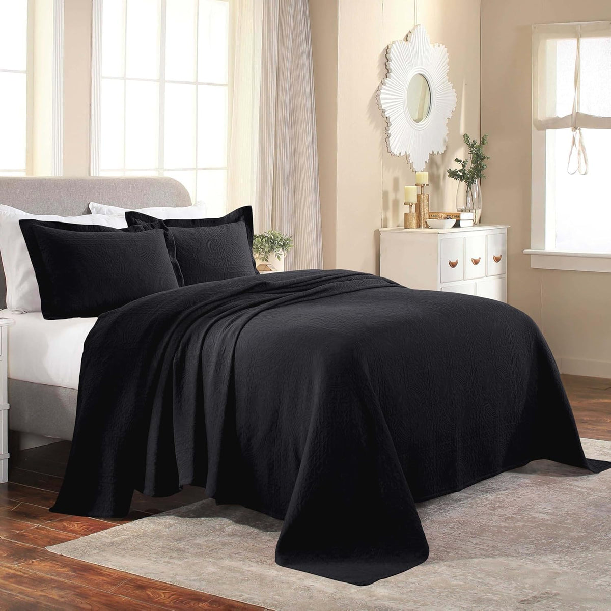 Cotton Bedspread, Jacquard Woven Matelasse Bedding, Queen, Black