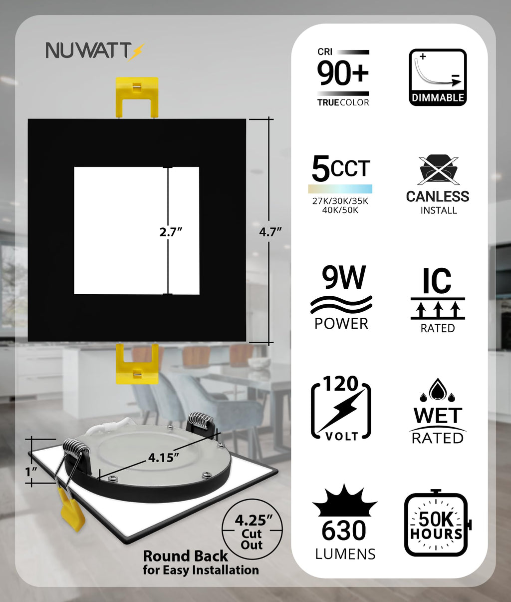 Black 4 Inch Square LED Recessed Lighting 2700K-5000K, ETL, 6 Pack